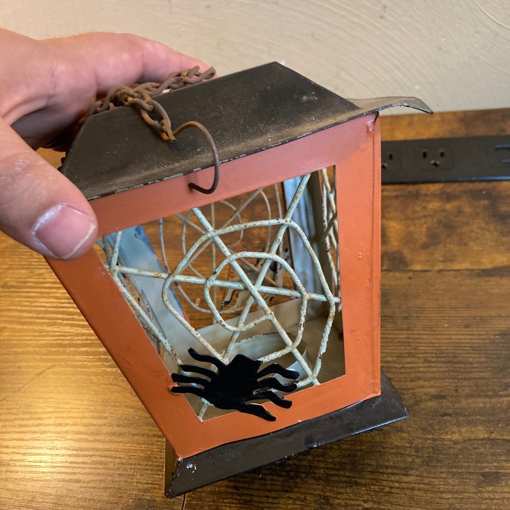 Halloween Hand Painted Metal Spiderweb Lantern Orange Black Tea Light Holder